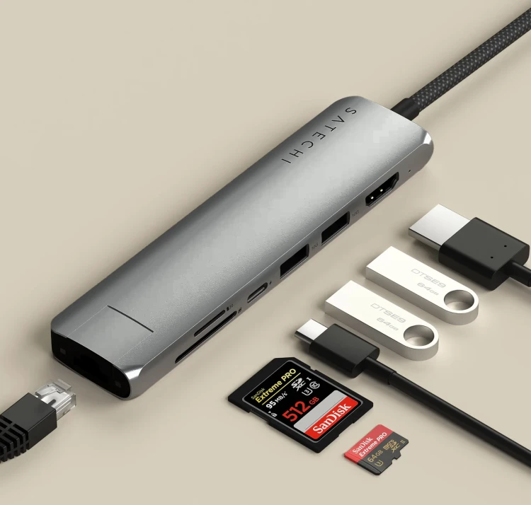 Satechi 7-in-1 USB-C Slim Wieloportowy Adapter USB-C Ethernet Space Grey