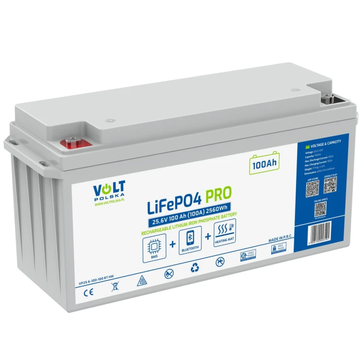 VOLT AKUMULATOR LiFePO4 PRO 25,6V 100Ah (100A) BMS BLUETOOTH MATA GRZEWCZA