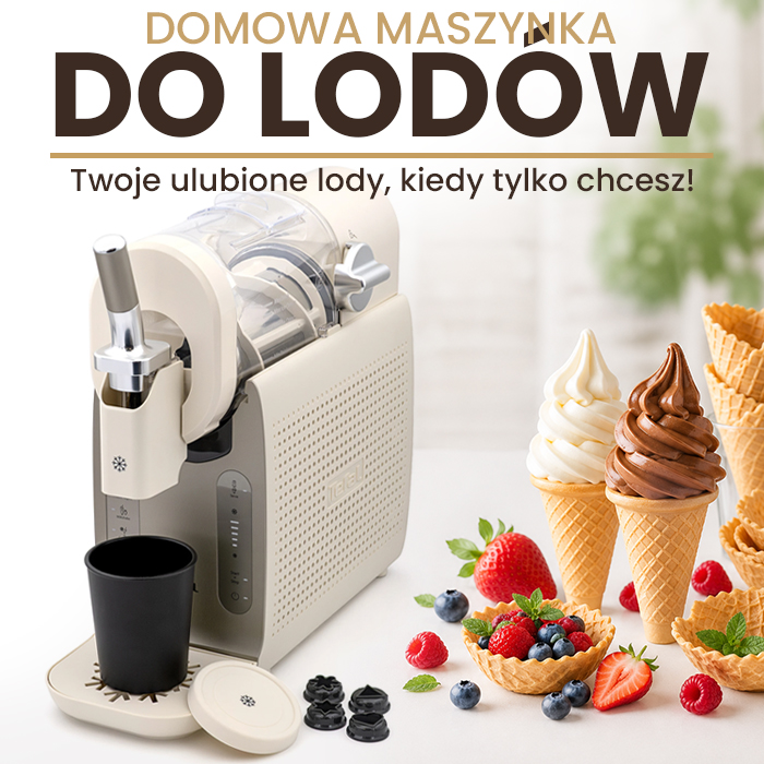 Pionowy baner kremowej maszynki do lodów Tefal na jasnym tle. Obok urządzenia stoją dwa rożki z lodami i miseczki ze świeżymi owocami oraz stos pustych rożków. Apetyczna kompozycja z widocznym logo Tefal.