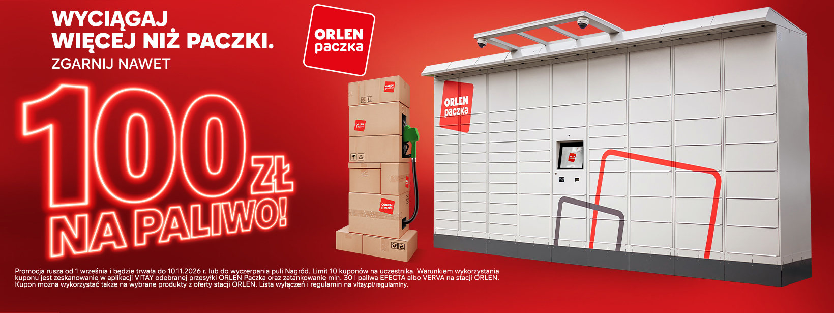 Baner promocyjny ORLEN Paczka przedstawiający szary automat paczkowy oraz kartonowe paczki ułożone w kształt dystrybutora paliwa. Po lewej stronie znajduje się duży napis 100 ZŁ NA PALIWO! na czerwonym tle. Na dole widnieje informacja o promocji trwającej do 10.11.2026 roku.