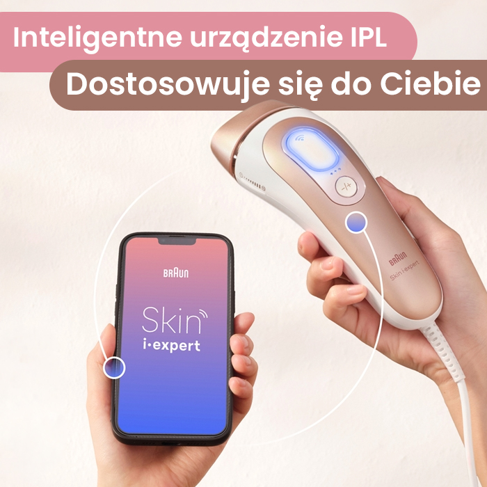 Baner Braun Skin i-expert przedstawiający depilator IPL oraz smartfon z aplikacją trzymane w dłoniach. Urządzenie jest białe ze złotymi detalami i niebieskim podświetleniem. U góry widoczne są hasła reklamowe o inteligentnym działaniu i dostosowaniu do potrzeb użytkownika.