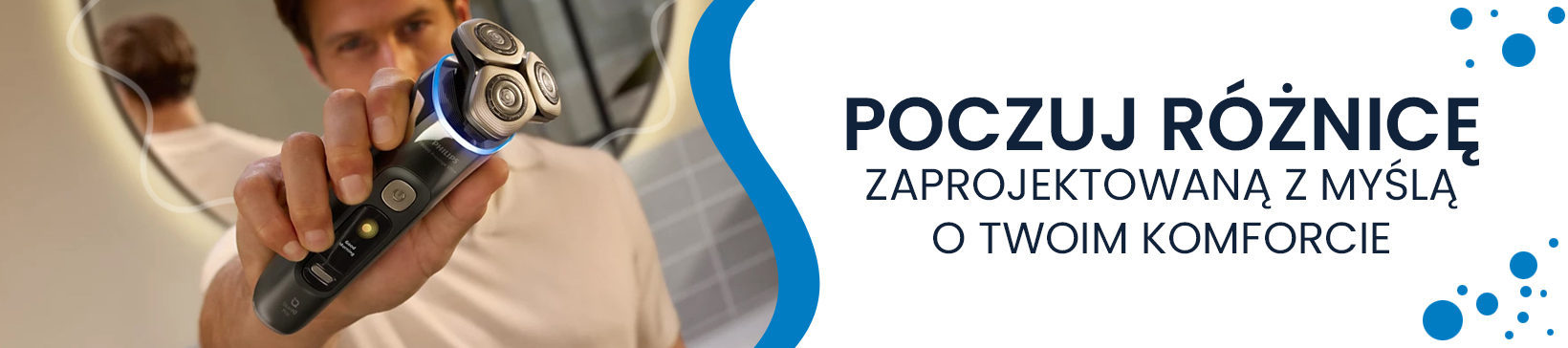 Mężczyzna trzyma srebrną golarkę Philips S9000 Prestige na tle łazienki. Obok widnieje duży napis POCZUJ RÓŻNICĘ ZAPROJEKTOWANĄ Z MYŚLĄ O TWOIM KOMFORCIE. Grafika zawiera niebieskie motywy fali i kropel wody.