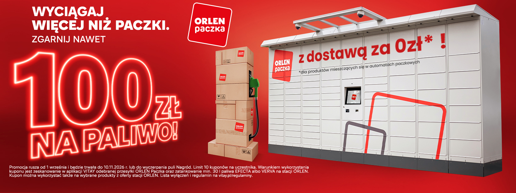Baner promocyjny ORLEN Paczka przedstawiający szary automat paczkowy oraz kartonowe paczki ułożone w kształt dystrybutora paliwa. Po lewej stronie znajduje się duży napis 100 ZŁ NA PALIWO! na czerwonym tle. Na dole widnieje informacja o promocji trwającej do 10.11.2026 roku.
