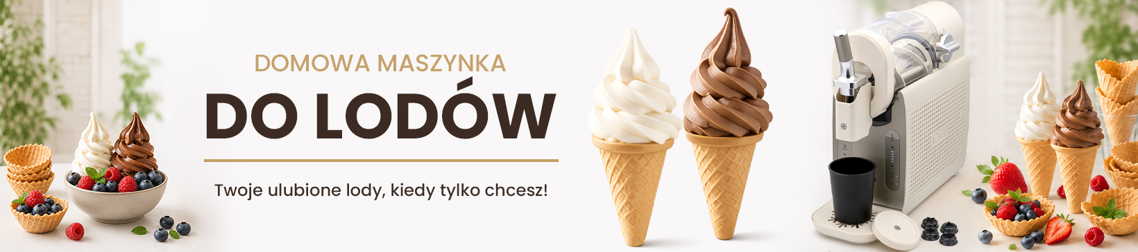 Baner promocyjny domowej maszynki do lodów w kolorze kremowym. Obok urządzenia widoczne są rożki z lodami waniliowymi i czekoladowymi oraz świeże owoce, takie jak truskawki i borówki. Całość utrzymana w jasnej, apetycznej kolorystyce.