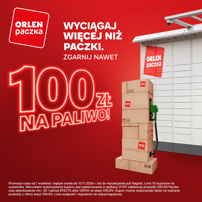 Kwadratowy baner promocyjny ORLEN Paczka z dużym, świecącym napisem 100 ZŁ NA PALIWO! na czerwonym tle. W centrum stoi wieża z kartonowych pudełek imitująca dystrybutor paliwa z pistoletem nalewowym, a obok widać fragment szarego automatu paczkowego. Na dole umieszczono informację o promocji trwającej do 10.11.2026 r.