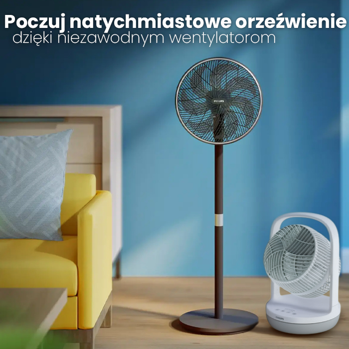 Nowoczesny baner z czarnym wentylatorem stojącym i białym biurkowym marki Philips w salonie z żółtym fotelem. U góry widoczny napis: Poczuj natychmiastowe orzeźwienie dzięki niezawodnym wentylatorom.