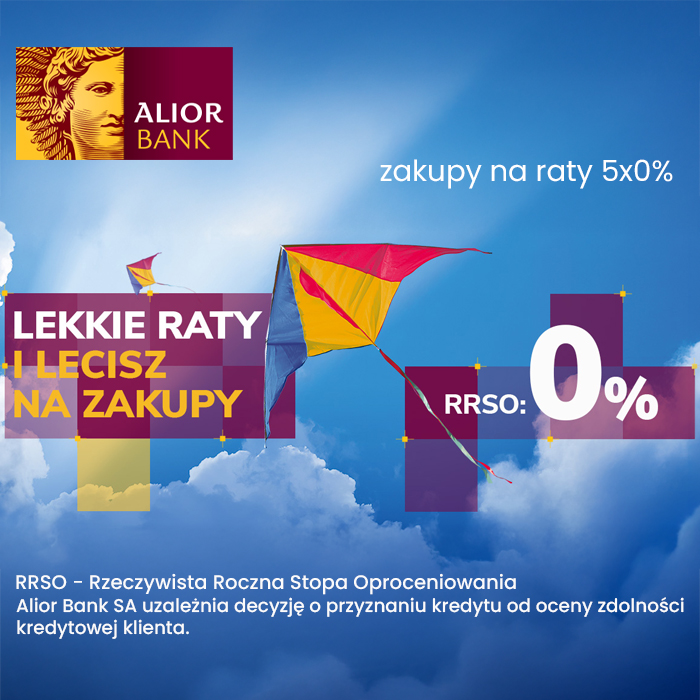 Baner reklamowy Alior Banku z hasłem LEKKIE RATY I LECISZ NA ZAKUPY oraz informacją o RRSO 0%. Grafika przedstawia kolorowe latawce na tle błękitnego nieba i promuje zakupy na raty 5x0%. Na dole znajduje się nota prawna dotycząca zdolności kredytowej.