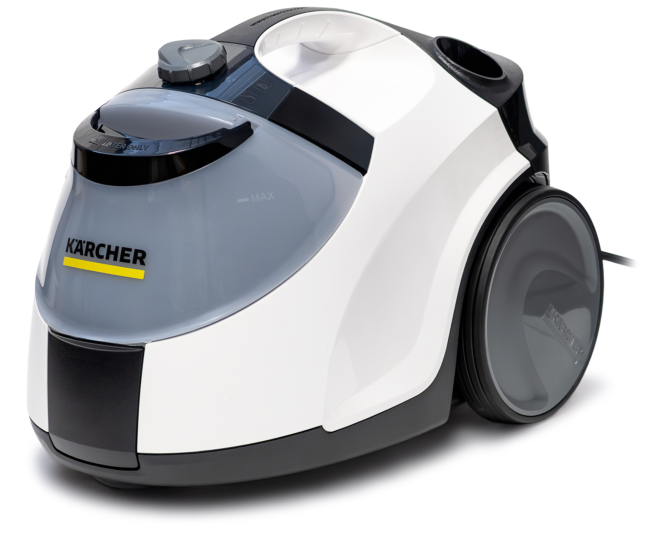 Parownica Karcher SC 5 EasyFix w kolorze biało-szarym, widok z boku na białym tle. Na zdjęciu wyraźnie widać duże koło jezdne, półprzezroczysty zbiornik na wodę z logo KARCHER oraz górny panel sterowania z pokrętłem i rączką.
