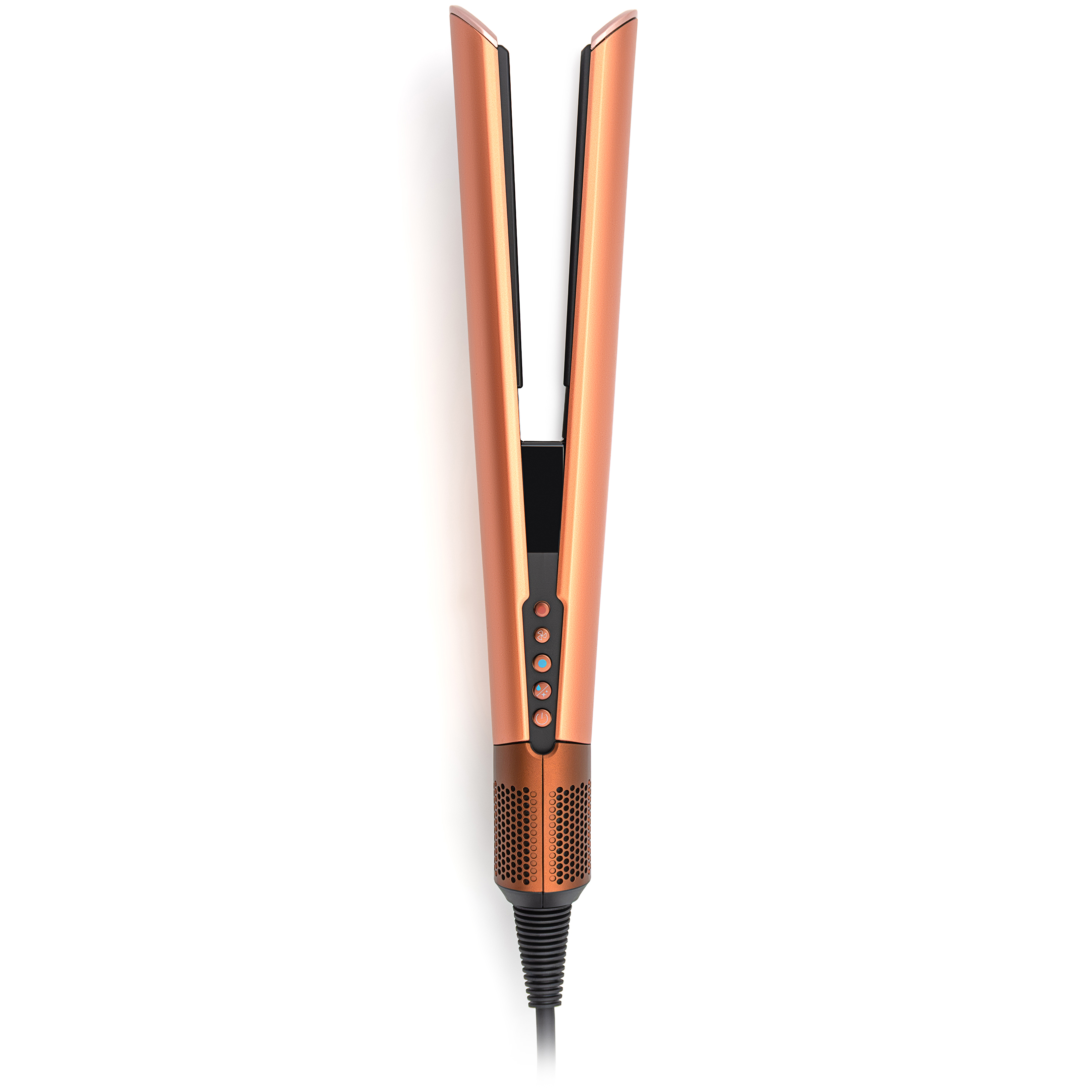 Aeroprostownica Dyson Airstrait w kolorze Amber Silk w wersji otwartej, pokazana od przodu na białym tle. Widoczne są rozchylone ramiona urządzenia, pionowy panel z wyświetlaczem i przyciskami sterującymi, miedziany pierścień wentylacyjny oraz przewód zasilający.