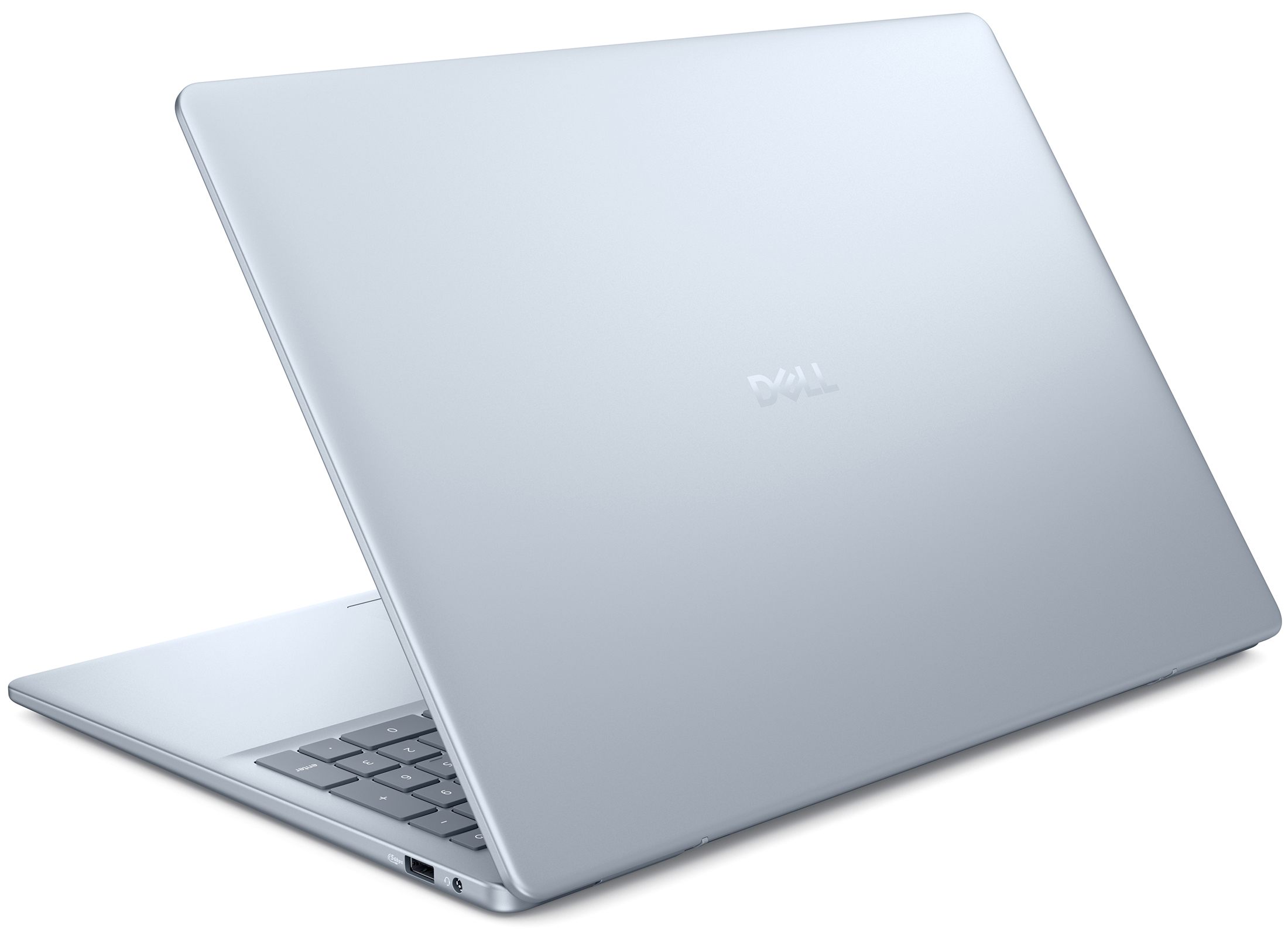 Srebrzystoszary laptop Dell 16 Plus 9052BLU zaprezentowany na białym tle, widziany od tyłu pod kątem z prawego boku. Na zewnętrznej pokrywie widoczne jest błyszczące logo DELL. Wąska szczelina ukazuje lekko uchyloną podstawę urządzenia z fragmentem klawiatury numerycznej oraz prawymi portami obudowy.