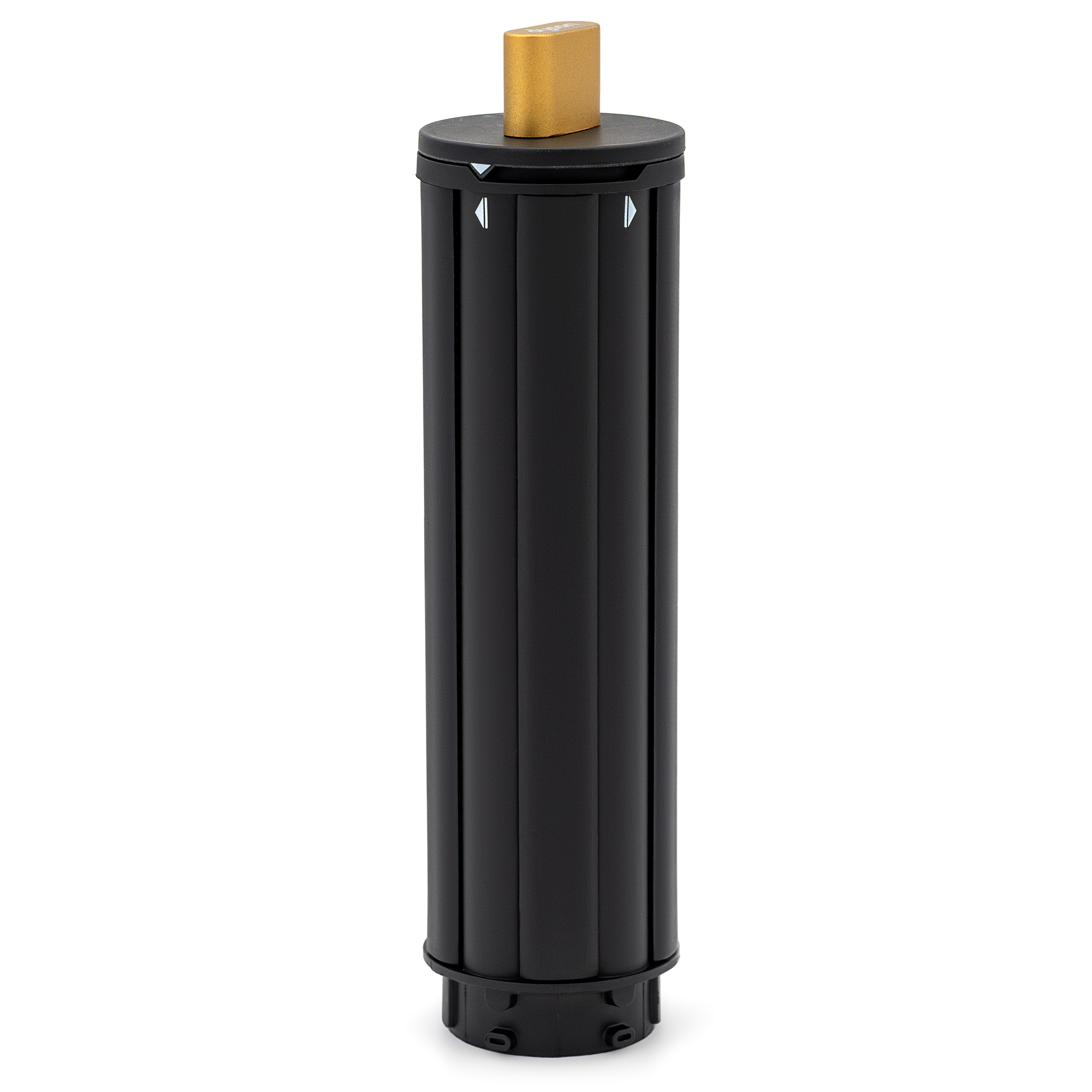 Czarna końcówka cylindryczna 40 mm do stylizacji włosów Dyson Airwrap. Widoczny żłobkowany profil oraz złoty obrotowy element na szczycie służący do regulacji kierunku nawiewu.