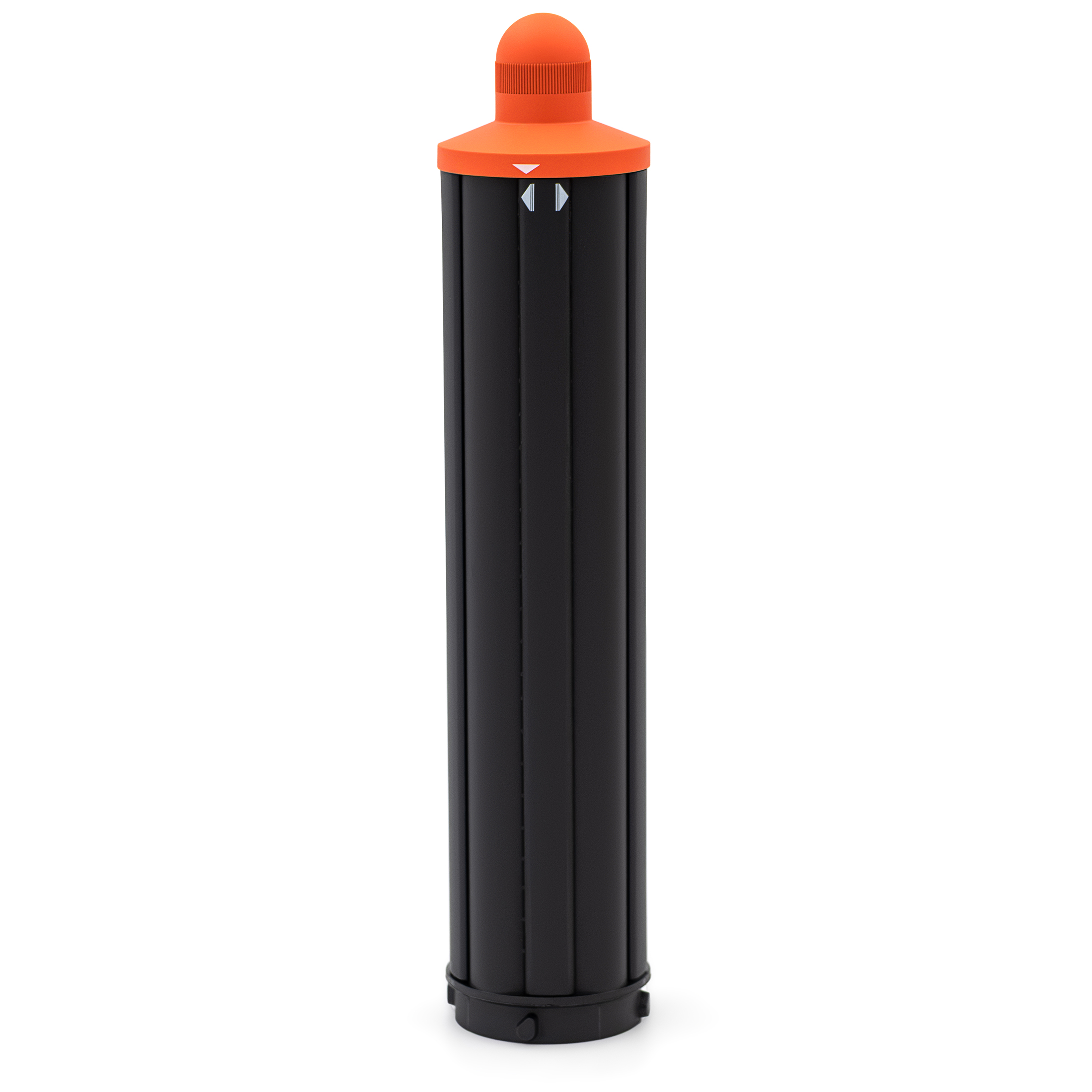 Długa cylindryczna końcówka 40 mm do Dyson Airwrap i.d. w kolorze czarnym z brązowym wykończeniem góry. Widok pionowy na białym tle, prezentujący żłobioną strukturę i przełącznik kierunku nawiewu.