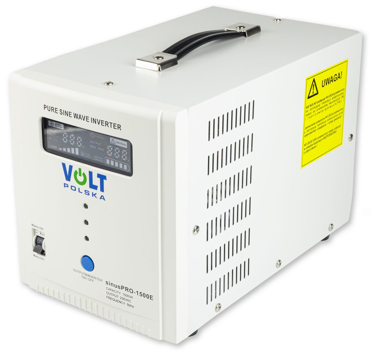 Tył zasilacza Volt Sinus PRO 1000E pokazujący dwa gniazda wyjściowe 230V, wentylator oraz przewody do akumulatora. Widoczne przyciski bezpiecznika i zmiany prądu ładowania (5A/10A) na białej obudowie.