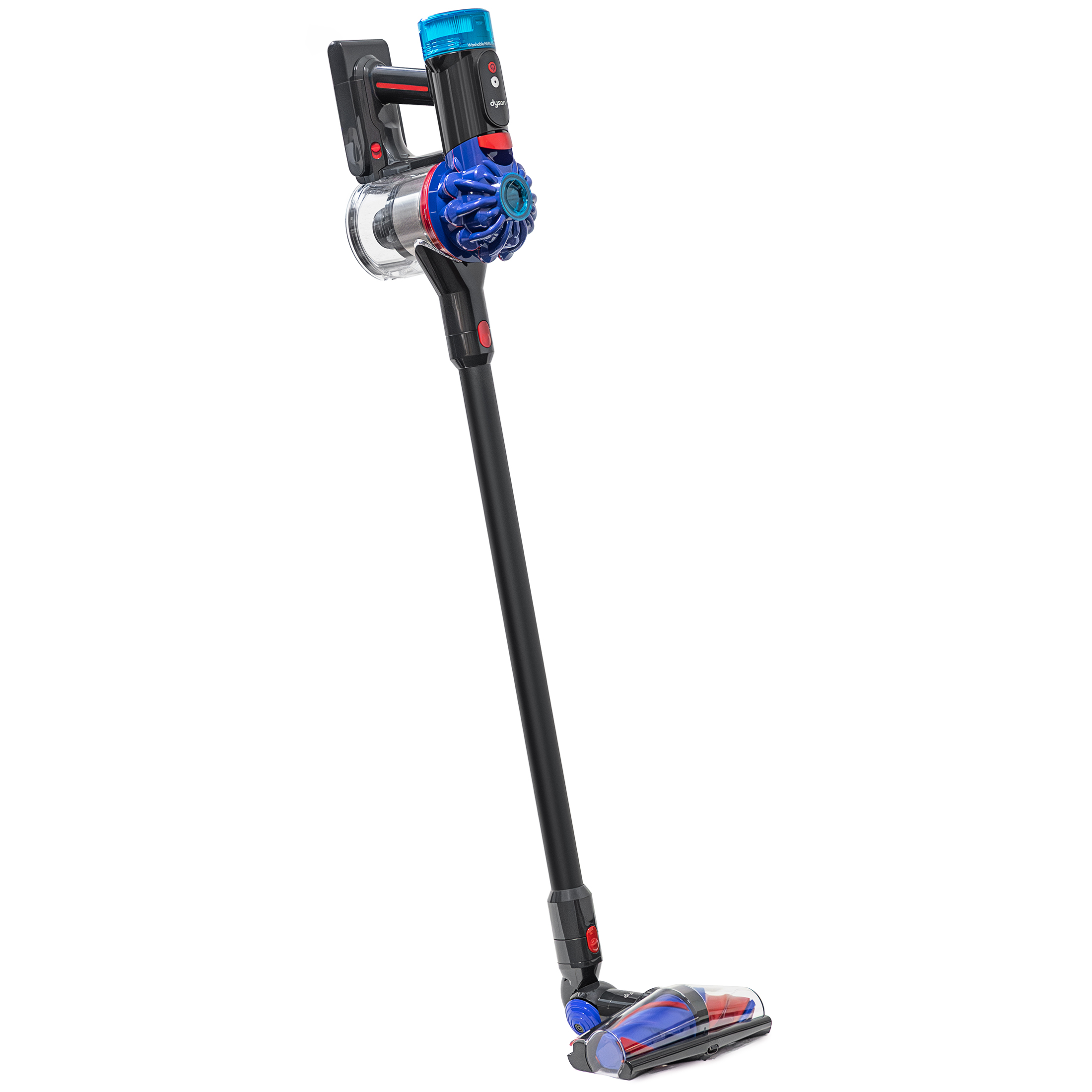 Bezprzewodowy odkurzacz pionowy Dyson V10 Konical pod skosem na białym tle. Widoczna czarna rura, górny korpus z niebieskim cyklonem, pojemnik na kurz oraz dolna szczotka podłogowa z niebiesko-czerwonym wałkiem.
