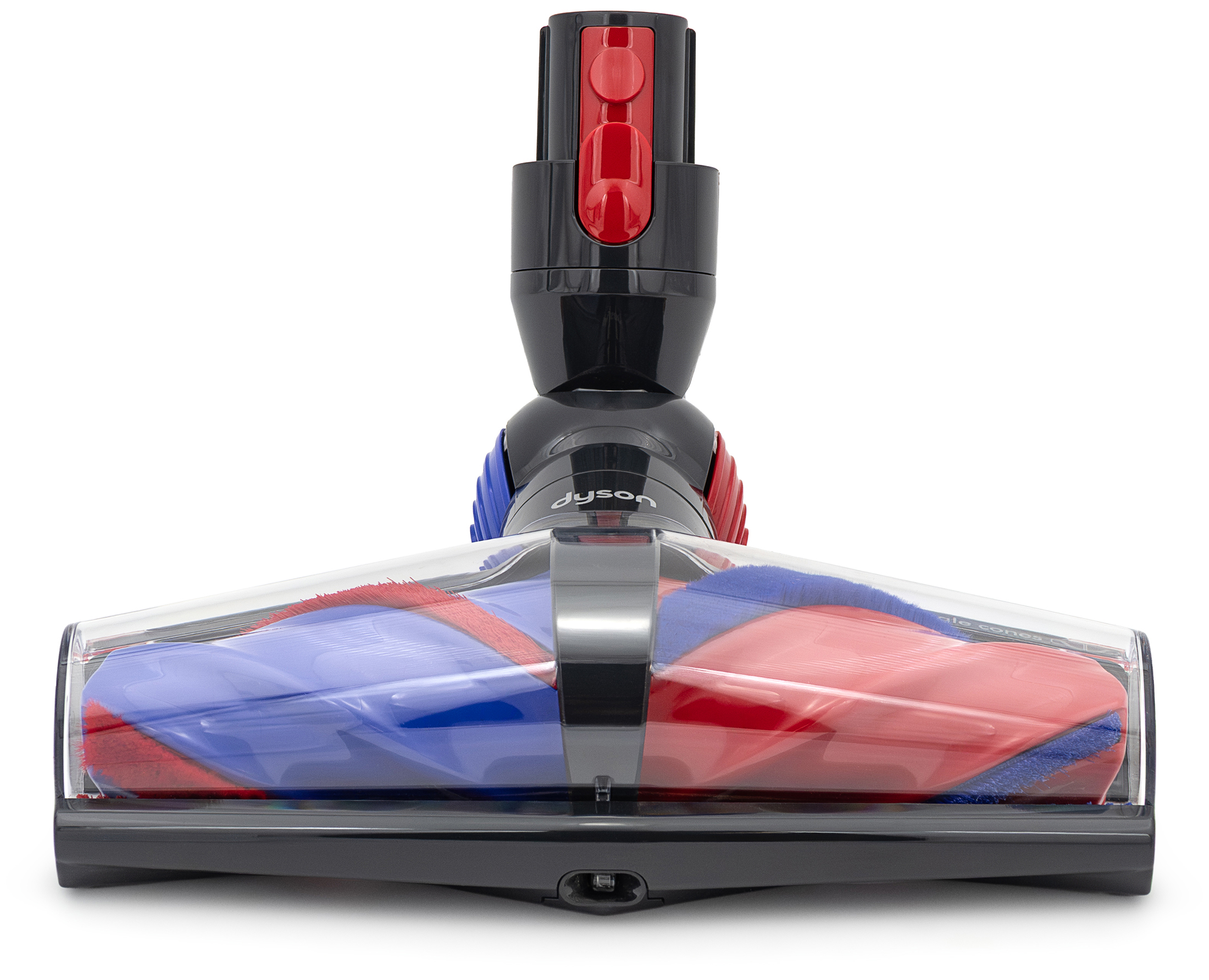 Elektroszczotka All Floor Cones odkurzacza Dyson V10 Konical na białym tle, widok od przodu. Przezroczysta osłona ukazuje niebiesko-czerwony wałek szczotki, a na górnym elemencie widnieje czerwony przycisk i białe logo dyson.