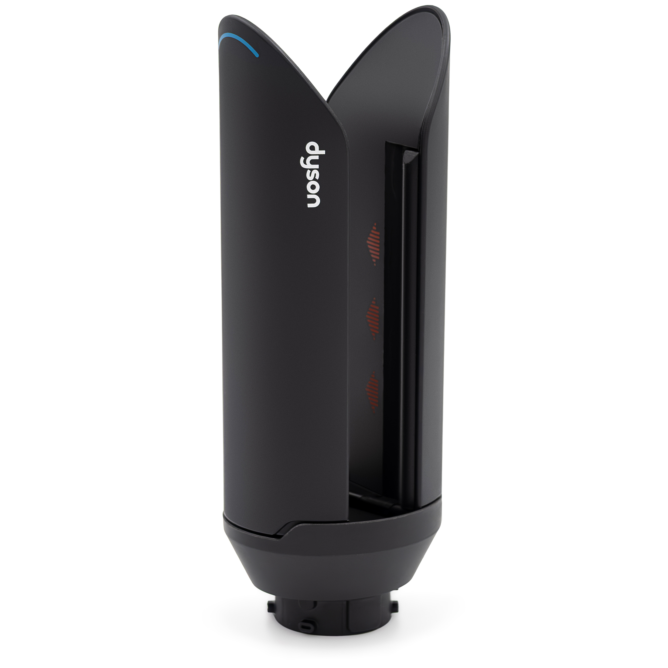 Nasadka Airsmooth2x do Dyson Airwrap w kolorze czarnym, widok z przodu. Końcówka ma charakterystyczną formę z dwiema łopatkami, logo dyson oraz czerwonymi ikonami wewnątrz szczeliny. Całość zaprezentowana pionowo na białym tle.