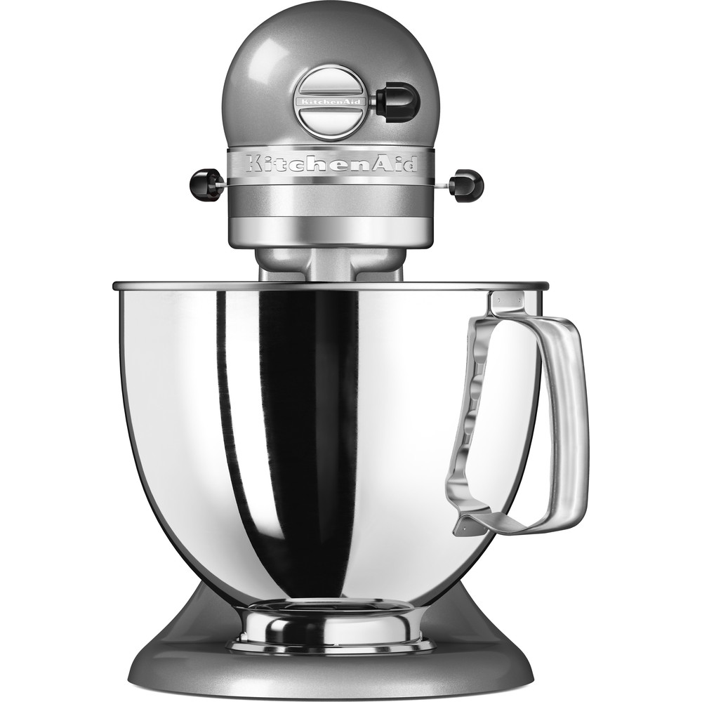 Srebrny robot kuchenny KitchenAid 5KSM125ECU z metalową misą, widziany od przodu na białym tle.