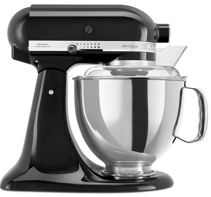 Błyszczący, czarny robot kuchenny KitchenAid Artisan 5KSM175PSEOB ze lśniącą metalową misą i przezroczystą osłoną. Wyraźnie widoczny jest boczny regulator prędkości w chromowanej ramce.