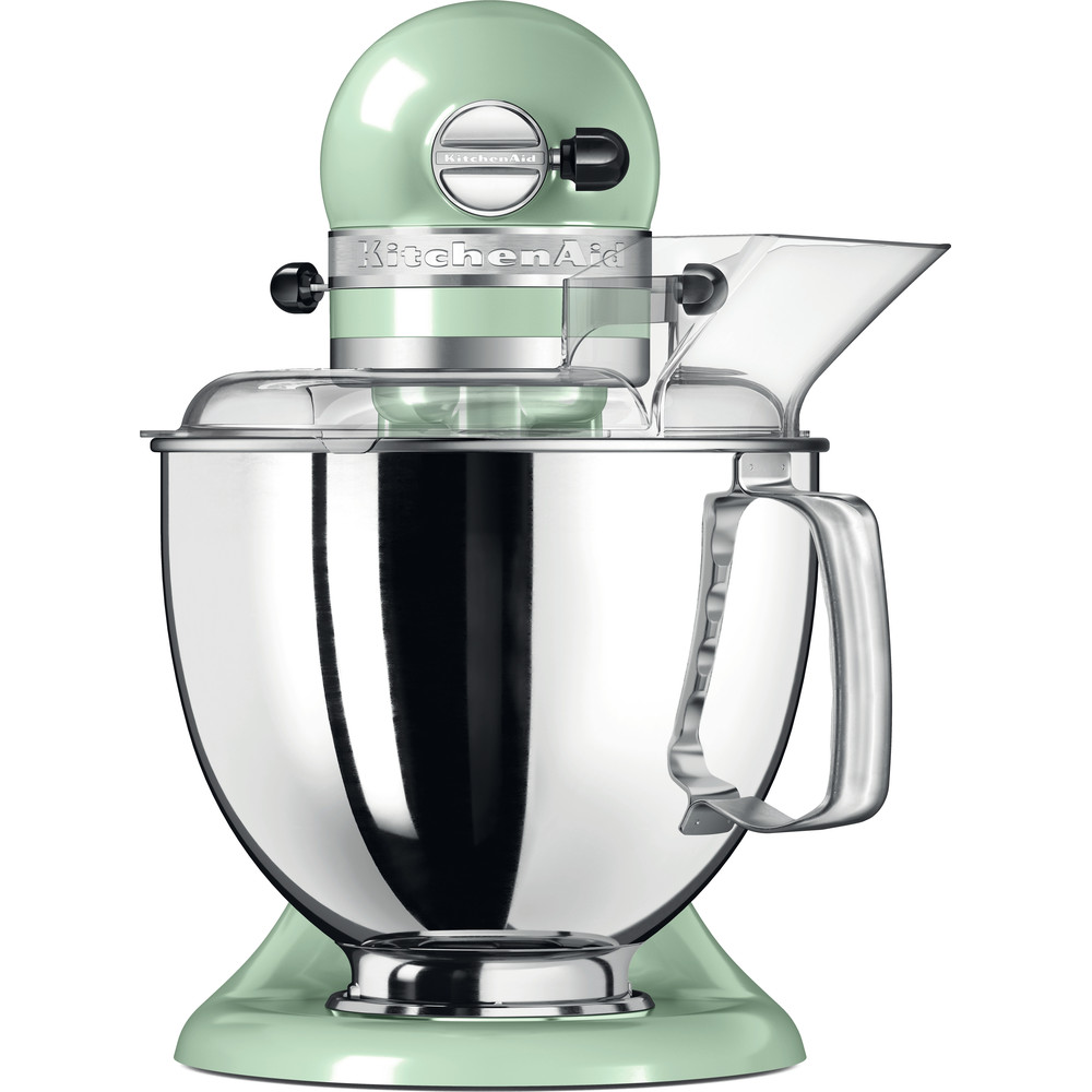 Pistacjowy robot kuchenny KitchenAid Artisan 5KSM175PSEPT, widok na wprost. Wyraźnie widoczna jest lśniąca, metalowa misa z uchwytem i przezroczystą osłoną z lejkiem.