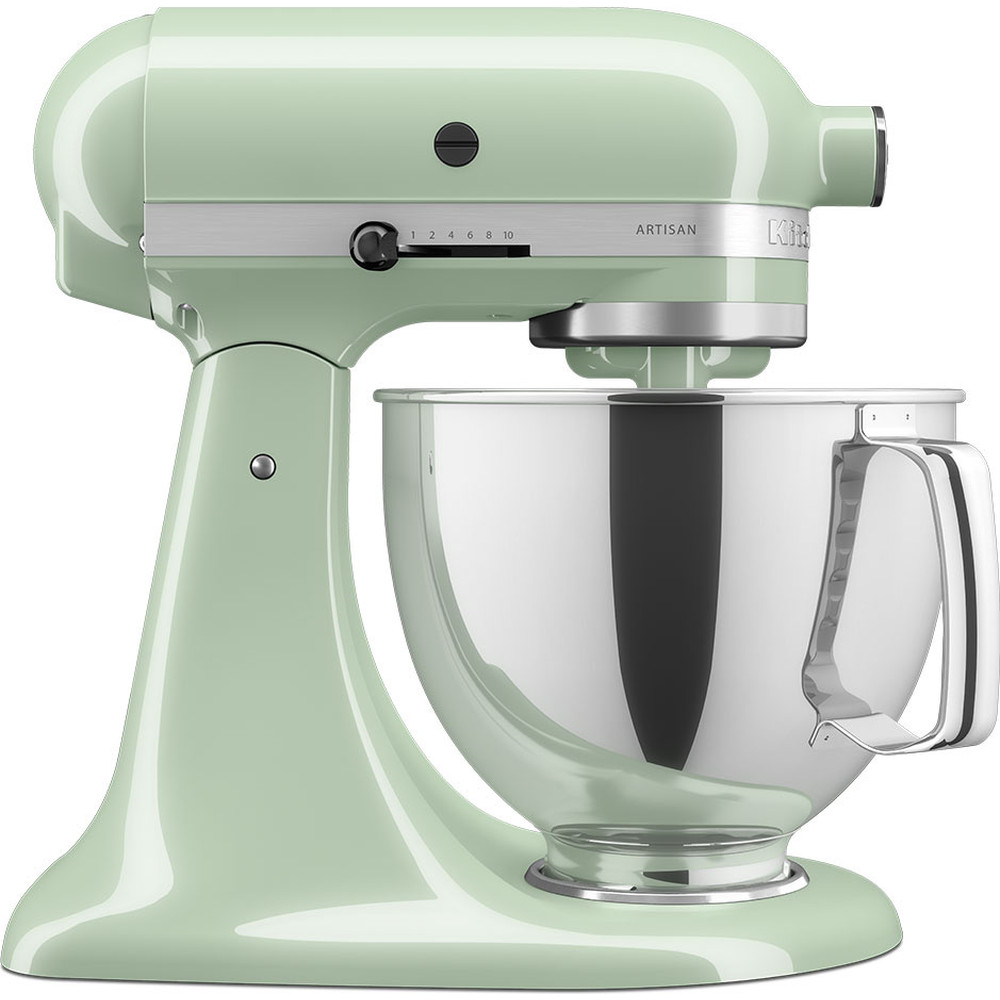 Pistacjowy robot kuchenny KitchenAid Artisan 5KSM175PSEPT, widok z boku. Robot ma lśniącą, metalową misę z uchwytem, a na korpusie widoczny jest boczny regulator prędkości w chromowanej ramce.
