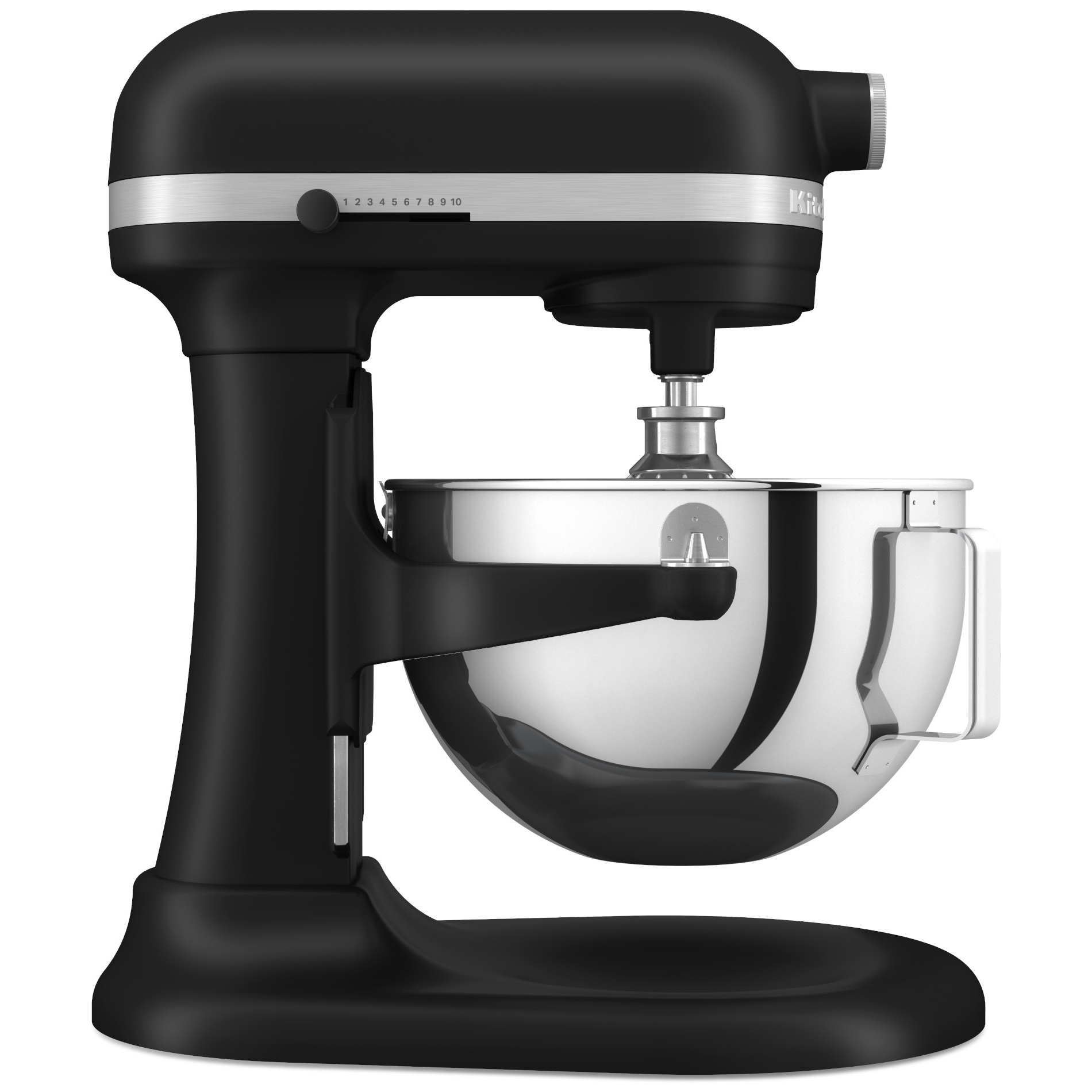 Czarny matowy mikser planetarny KitchenAid 5KSM55SXXEBM Heavy Duty widoczny z profilu. Zdjęcie prezentuje konstrukcję z podnoszoną, stalową misą oraz panel sterowania z suwakiem prędkości na głowicy urządzenia.