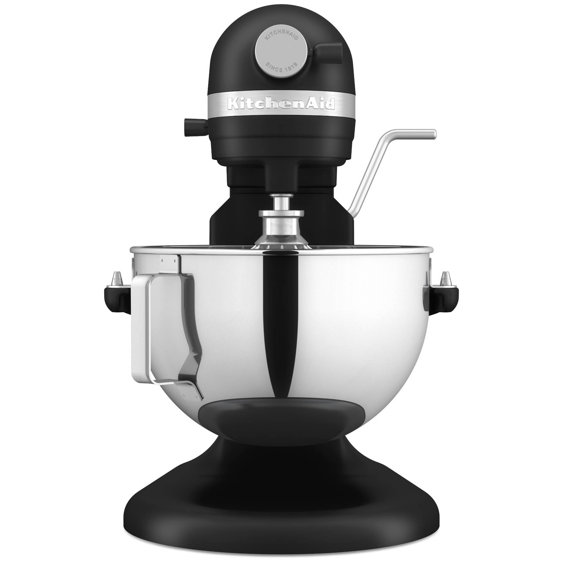 Robot planetarny KitchenAid 5KSM55SXXEBM Heavy Duty czarny mat w widoku od przodu. Zdjęcie eksponuje dużą misę ze stali nierdzewnej na podnośniku, metalową dźwignię sterującą oraz front głowicy z logotypem KitchenAid i gniazdem przystawek.