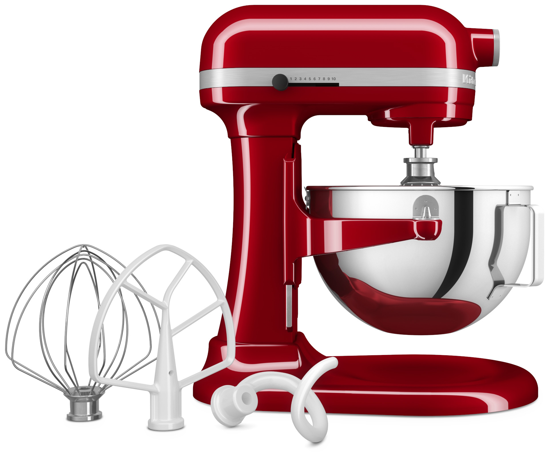 Robot planetarny KitchenAid Heavy Duty 5,2 l w kolorze czerwonym z misą ze stali nierdzewnej. W zestawie widoczne są trzy końcówki: druciana rózga, białe mieszadło płaskie oraz biały spiralny hak do ciasta.