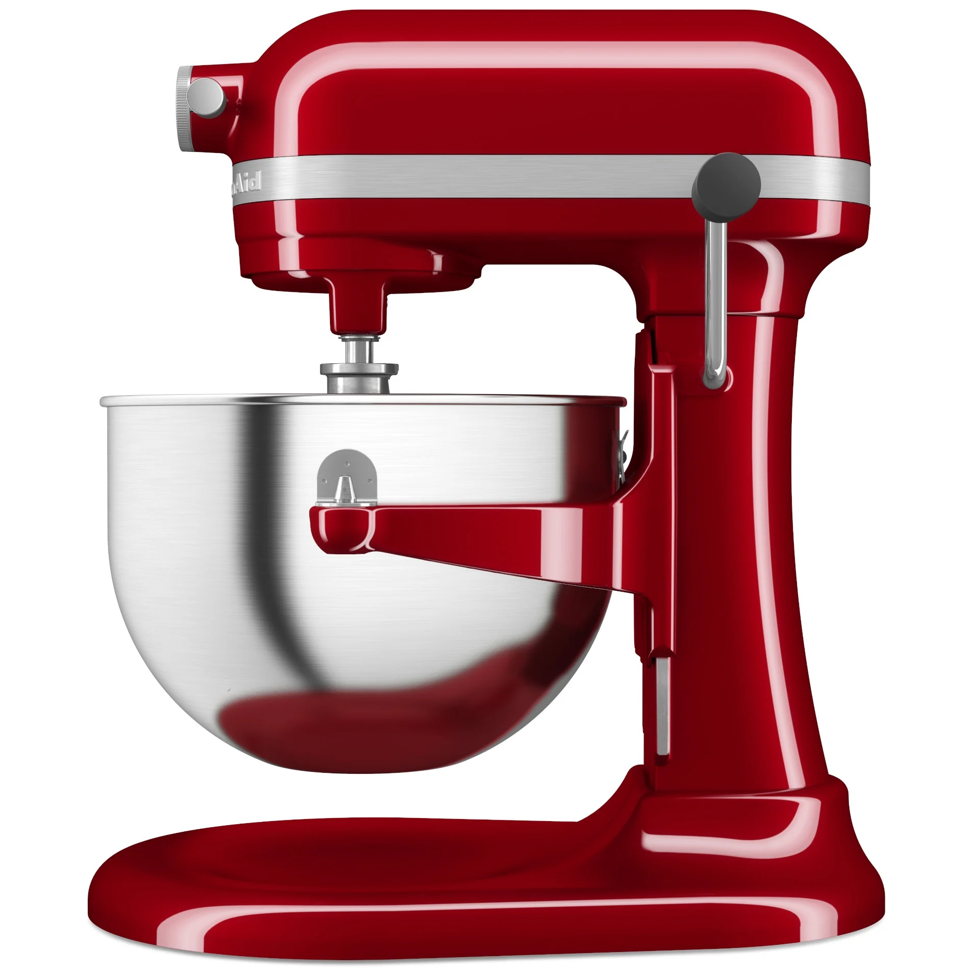 Czerwony mikser KitchenAid Artisan 5KSM60SPXEER pokazany z prawego boku. Zdjęcie eksponuje srebrną dźwignię podnośnika z czarną rączką oraz stalową misę osadzoną na wspornikach. Na głowicy widoczna jest szczotkowana srebrna opaska z oznaczeniem modelu.