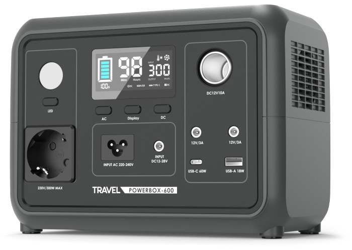 Kompaktowa stacja zasilania Travel Powerbox-600 marki VOLT Polska z wyświetlaczem LCD i różnorodnymi portami wyjściowymi. Urządzenie w ciemnej obudowie posiada gniazdo 230V, porty USB, gniazdo zapalniczki oraz wbudowaną latarkę LED, umożliwiając zasilanie wielu urządzeń jednocześnie.