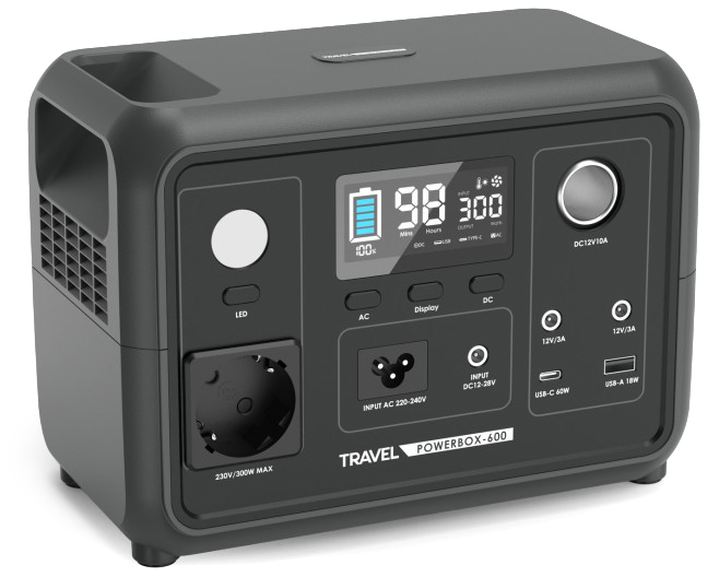 Panel sterowania stacji zasilania Travel Powerbox-600 marki VOLT Polska. Zdjęcie pokazuje wyświetlacz LCD ze wskaźnikami pracy, gniazdo AC 230V, latarkę LED oraz różnorodne porty wyjściowe DC i USB, w tym USB-C o mocy 60W.