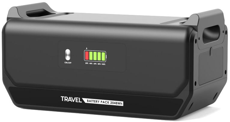 Dodatkowy magazyn energii VOLT Polska Travel Battery Pack 2048Wh. Zdjęcie prezentuje czarną obudowę z uchwytami, przyciskiem zasilania oraz diodowym wskaźnikiem naładowania akumulatora, przeznaczoną do rozbudowy pojemności stacji zasilania.