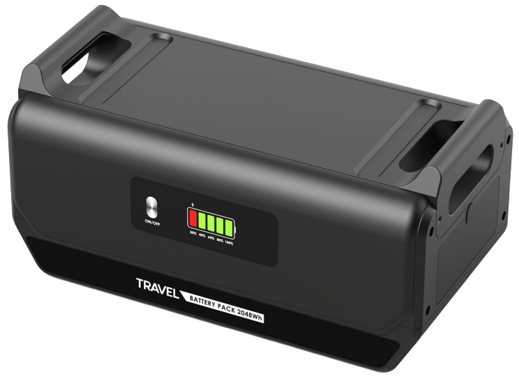 Widok z góry na dodatkowy magazyn energii VOLT Polska Travel Battery Pack 2048Wh. Zdjęcie prezentuje ergonomiczną konstrukcję z dwoma uchwytami, górne przetłoczenia obudowy oraz panel frontowy ze wskaźnikiem poziomu energii.