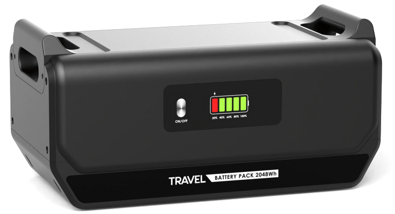 Dodatkowy magazyn energii VOLT Polska Travel Battery Pack 2048Wh. Zdjęcie prezentuje czarną obudowę z uchwytami, przyciskiem zasilania oraz diodowym wskaźnikiem naładowania akumulatora, przeznaczoną do rozbudowy pojemności stacji zasilania.