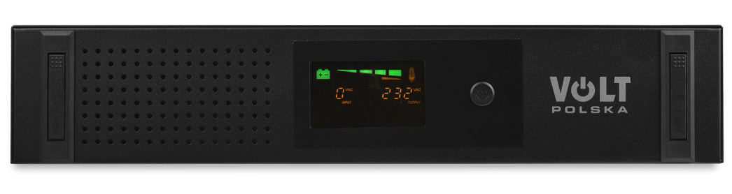 Panel przedni zasilacza Volt Polska RackUPS 2000VA 1200W, widok na wprost. Centralny wyświetlacz LCD wskazuje napięcie wyjściowe 232 VAC i stan baterii. Obok widoczny przycisk zasilania, logo producenta oraz sekcja wentylacyjna.
