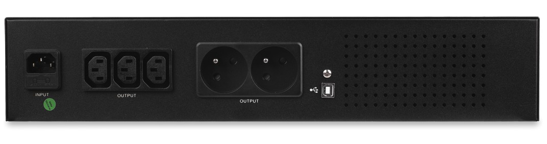 Tylny panel zasilacza Volt Polska RackUPS 2000VA 1200W widziany na wprost. Widoczne gniazdo wejściowe, trzy wyjścia IEC C13, dwa gniazda sieciowe typu E, port USB typu B oraz panel wentylacyjny.