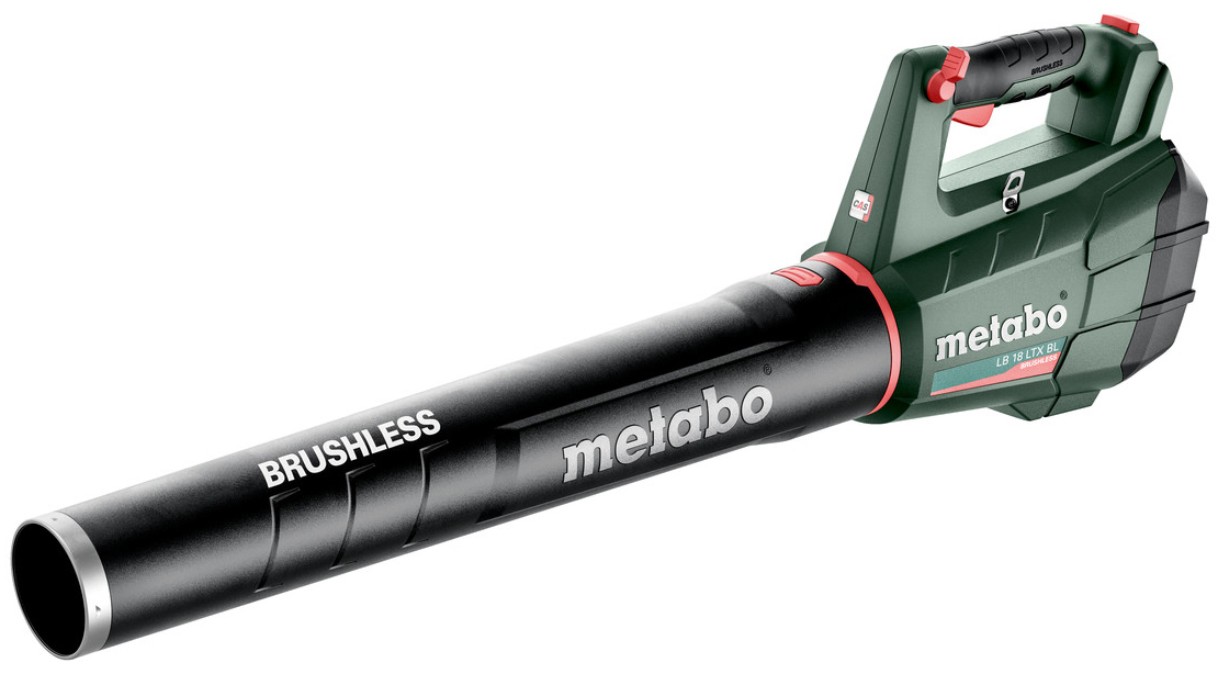 Dmuchawa akumulatorowa Metabo LB 18 LTX BL w zielono-czarnej obudowie z ergonomiczną rączką i srebrnym wylotem.