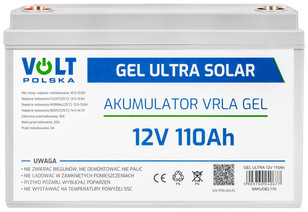 Akumulator żelowy Volt Polska Gel Ultra Solar 12V 110Ah VRLA Gel. Jasnoszara obudowa z białą etykietą zawierającą parametry techniczne i ostrzeżenia. Widok od frontu na białym tle.