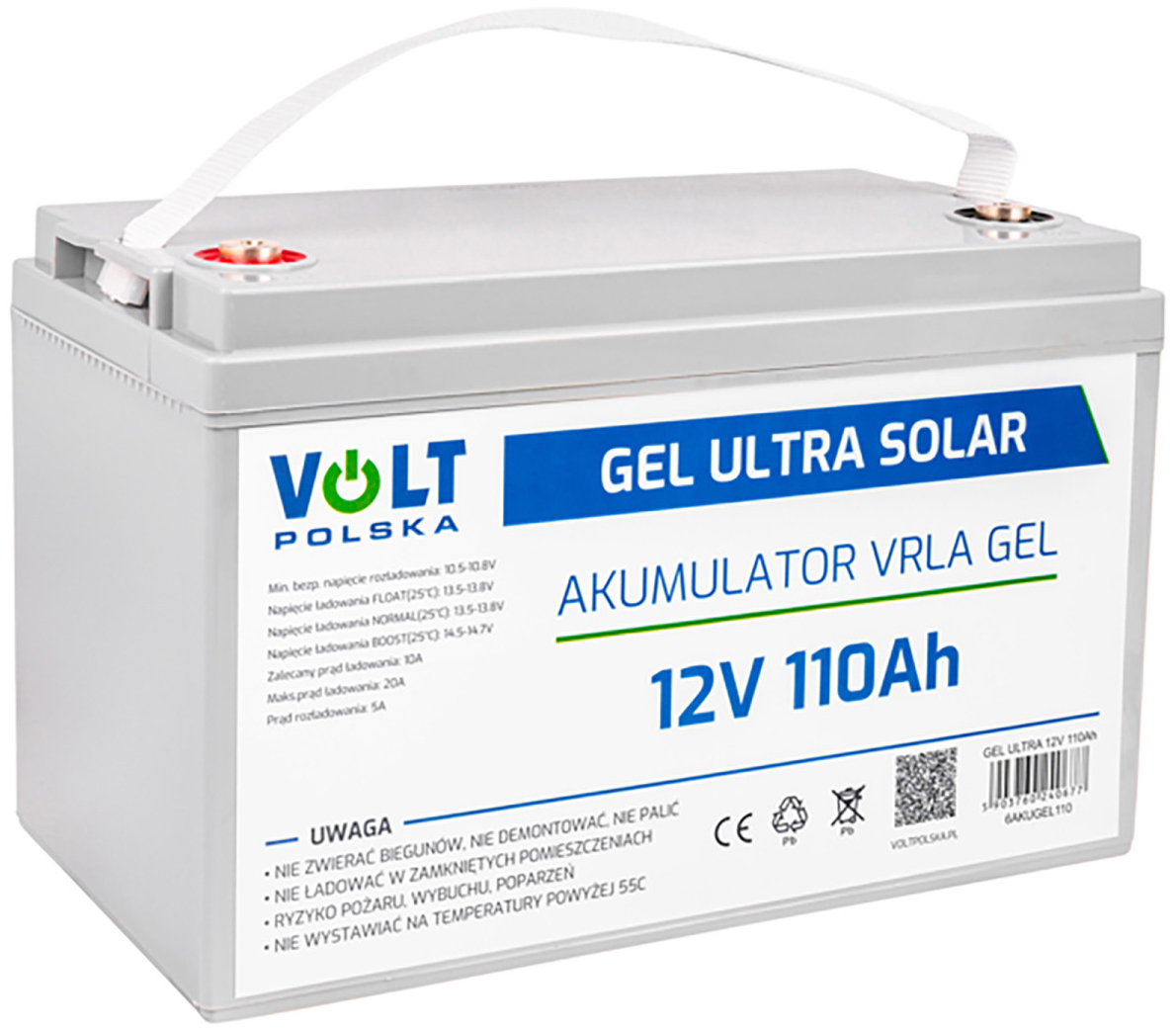 Akumulator żelowy Volt Polska Gel Ultra Solar 12V 110Ah w jasnoszarej obudowie, widok pod kątem. Model wyposażony jest w biały pasek ułatwiający przenoszenie oraz wyraźną etykietę z parametrami technicznymi. Zdjęcie na białym tle.