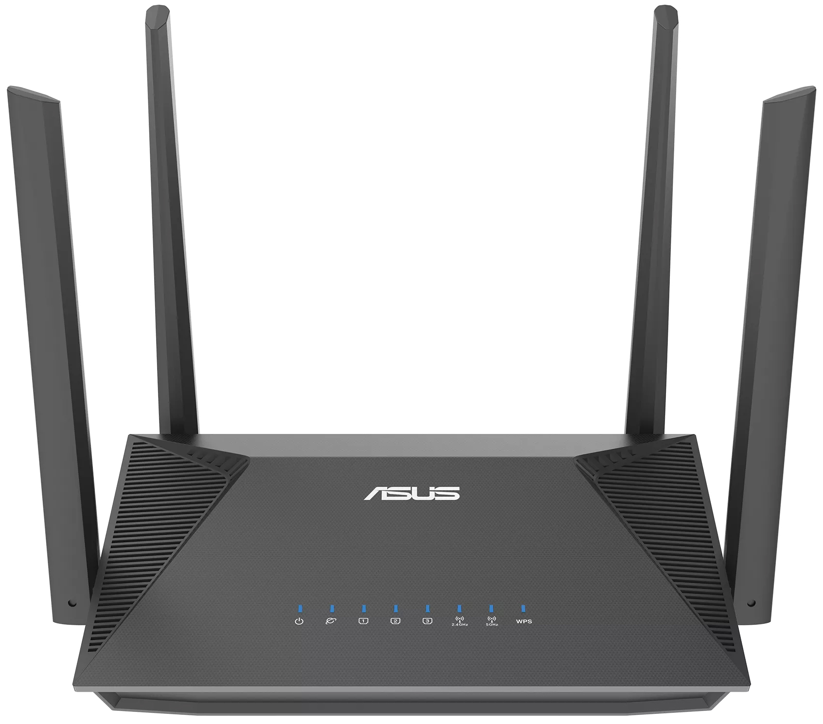 Czarny router ASUS RT-AX52 z czterema pionowymi antenami na białym tle, widok z przodu. Urządzenie ma matową, geometryczną obudowę z białym logo ASUS oraz siedmioma niebieskimi diodami kontrolnymi stanu pracy na przednim panelu.