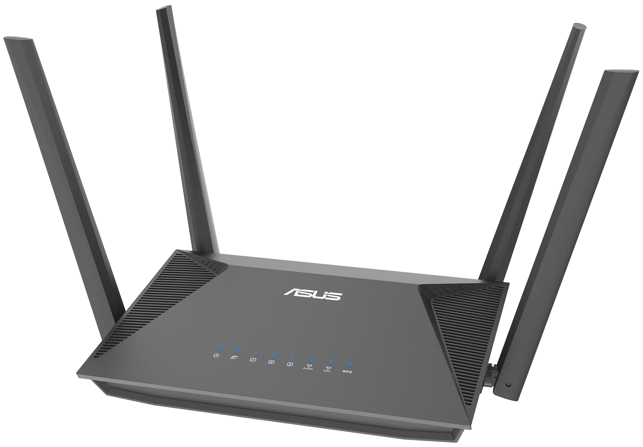 Czarny router ASUS RT-AX52 ukazany od boku z perspektywy trzech czwartych na białym tle. Urządzenie ma cztery rozchylone anteny, matową obudowę z białym logo ASUS oraz rząd siedmiu niebieskich diod kontrolnych na przednim panelu.