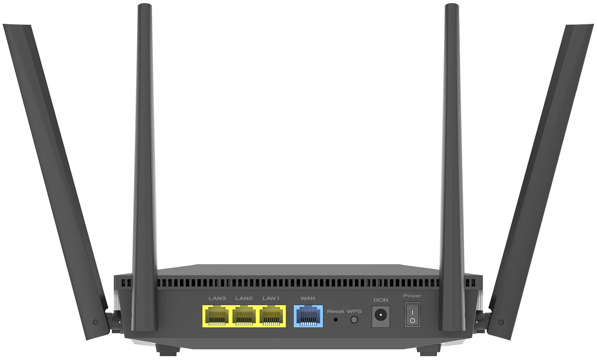 Widok na tylny panel routera ASUS RT-AX52 na białym tle. Urządzenie wyposażone jest w trzy żółte porty LAN, jeden niebieski port WAN, przyciski Reset i WPS, gniazdo zasilania oraz mechaniczny włącznik, a po bokach widoczne są cztery czarne anteny.