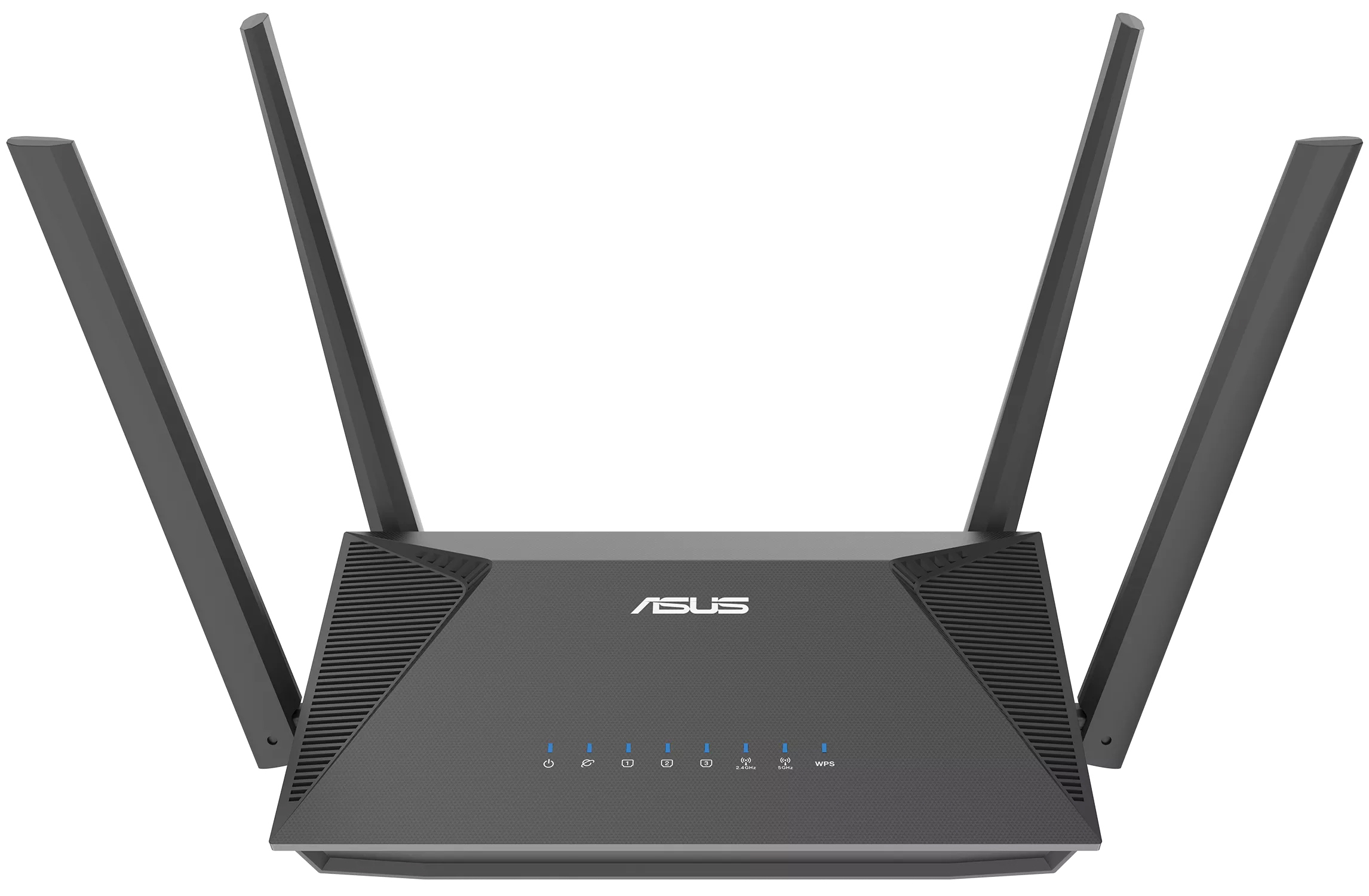 Czarny router ASUS RT-AX52 z czterema szeroko rozłożonymi antenami, widok z przodu na białym tle. Urządzenie posiada matową obudowę z centralnym białym logo ASUS oraz rząd siedmiu świecących na niebiesko diod kontrolnych LED.