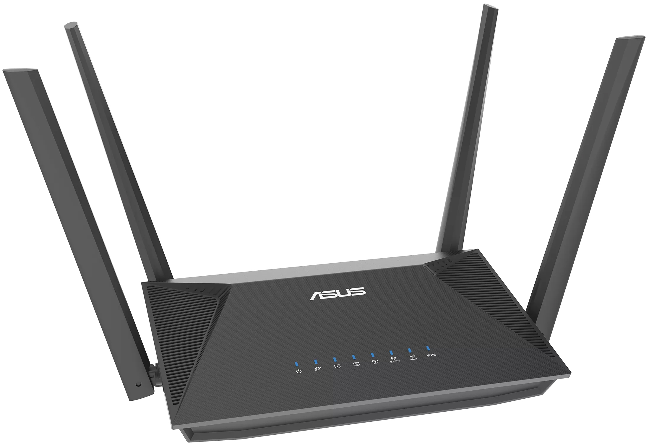 Czarny router ASUS RT-AX52 ukazany z ukosu z lewej strony na białym tle. Urządzenie posiada cztery uniesione pod kątem anteny, geometryczną obudowę z białym logo ASUS oraz siedem niebieskich diod kontrolnych LED na przednim panelu.