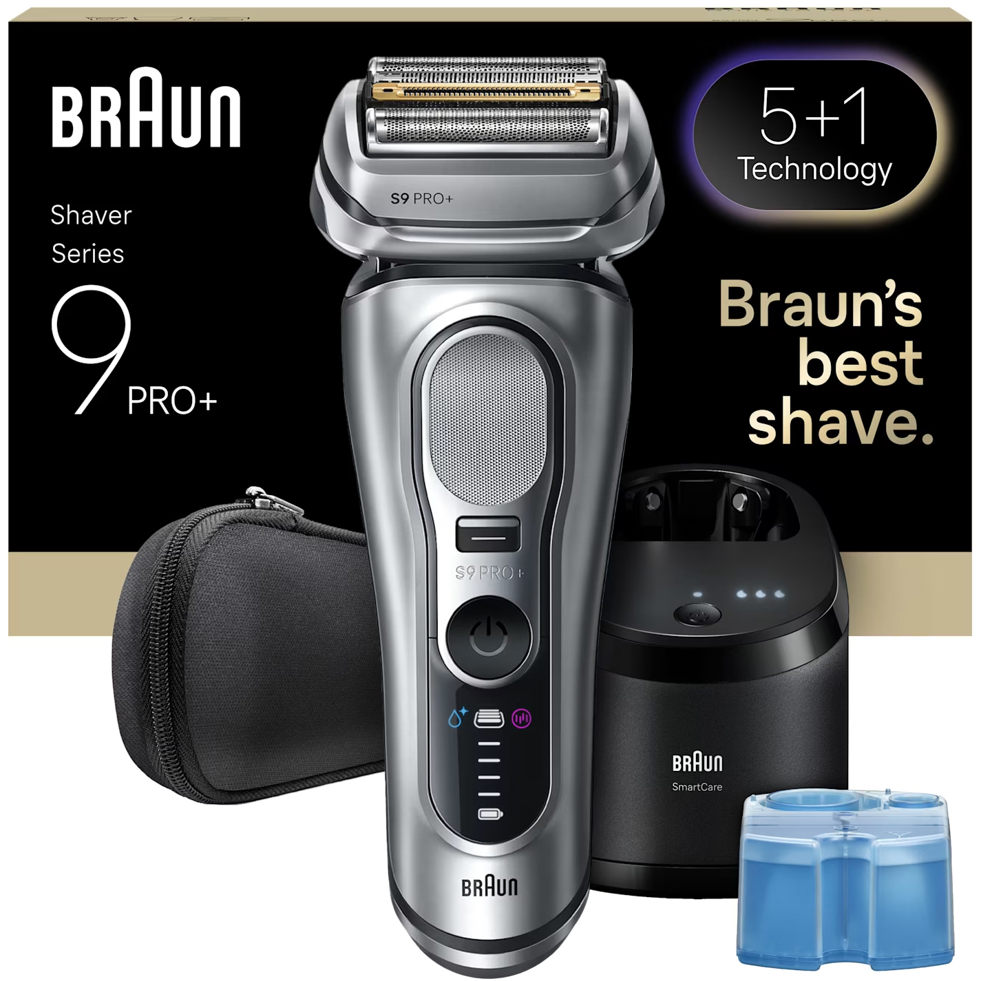 Srebrna golarka Braun Series 9 PRO+ wraz z akcesoriami: stacją SmartCare, etui podróżnym i wkładem czyszczącym. Całość ustawiona przed oryginalnym opakowaniem z logo producenta i oznaczeniem serii. Zestaw przeznaczony do golenia na sucho i mokro.