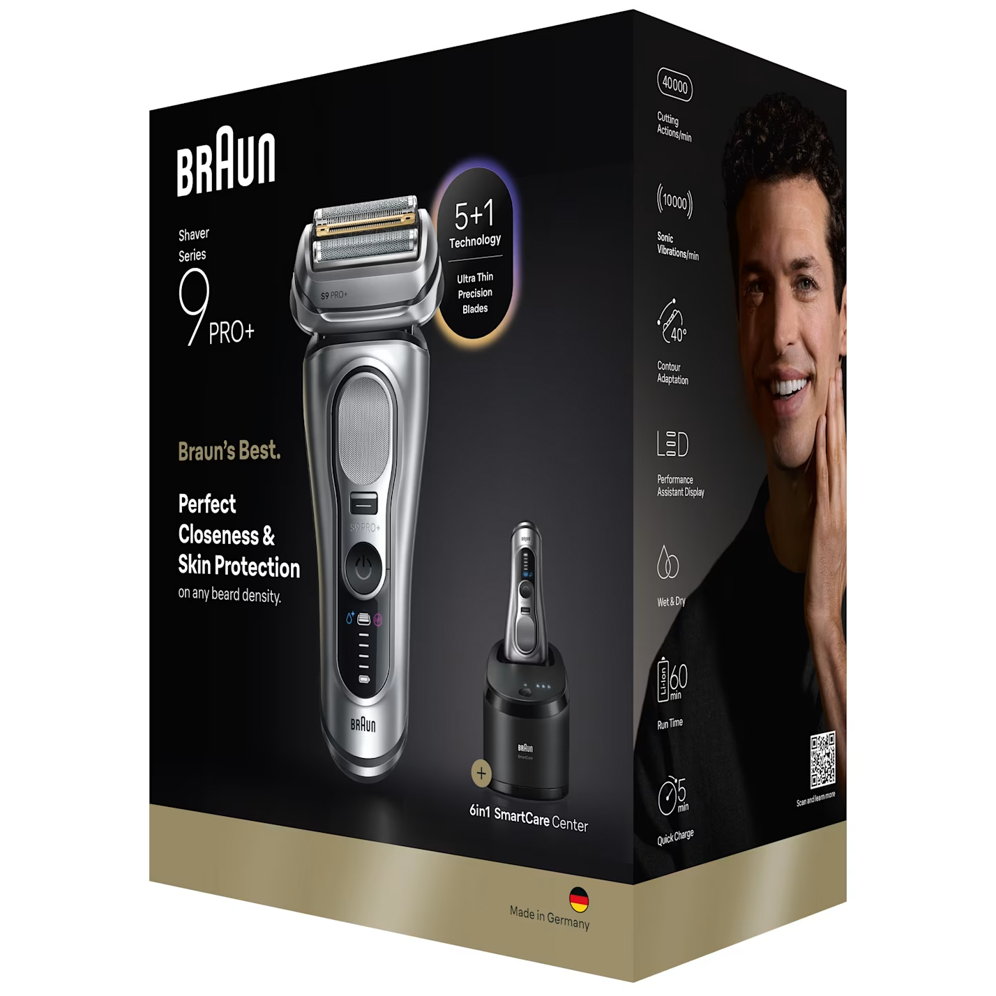 Widok na opakowanie golarki Braun Series 9 Pro+ z grafiką produktu i stacją czyszczącą na czarnym tle. Boczna strona pudełka prezentuje uśmiechniętego mężczyznę oraz zestaw ikon informujących o parametrach technicznych, w tym o wodoodporności i czasie pracy baterii. Dolna krawędź pudełka jest w kolorze złotym z napisem Made in Germany.
