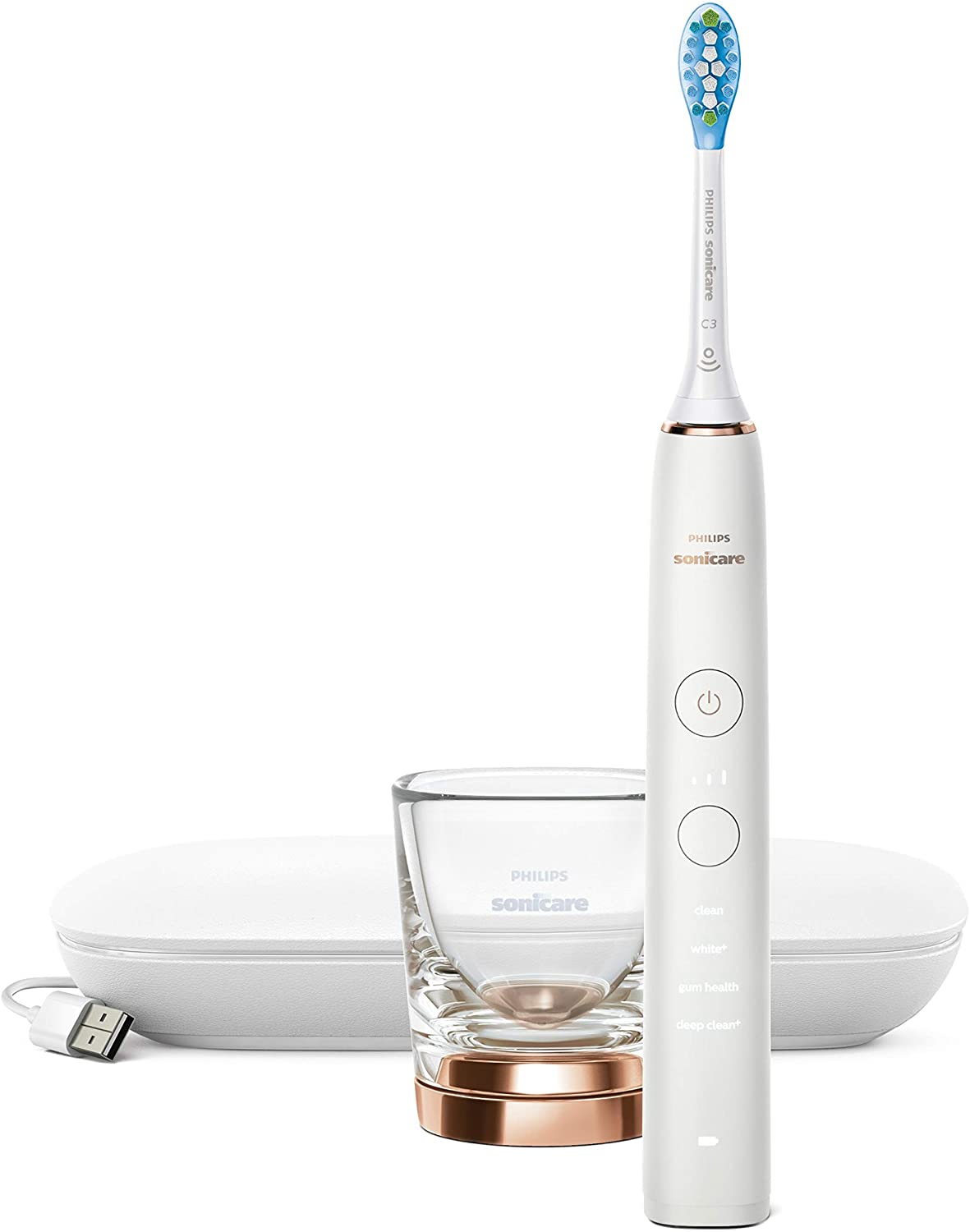 Zestaw szczoteczki sonicznej Philips Sonicare 9000 DiamondClean w kolorze białym ze szklanką ładującą i etui podróżnym. Widok z przodu na białym tle, prezentujący wszystkie główne elementy wyposażenia modelu HX9911/94.