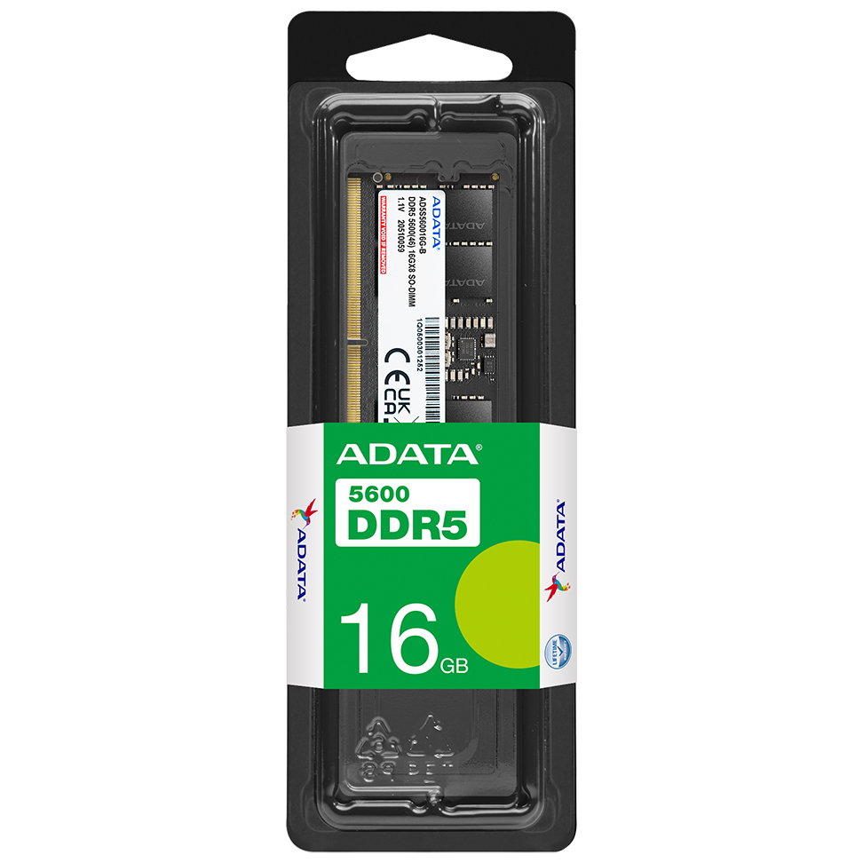 Moduł pamięci RAM ADATA 16GB DDR5 SO-DIMM w oryginalnym, czarno-przezroczystym opakowaniu z eurozawieszką, zaprezentowany na białym tle. Centralną część opakowania otacza zielono-biała etykieta informacyjna z oznaczeniami 5600 DDR5 i 16 GB.