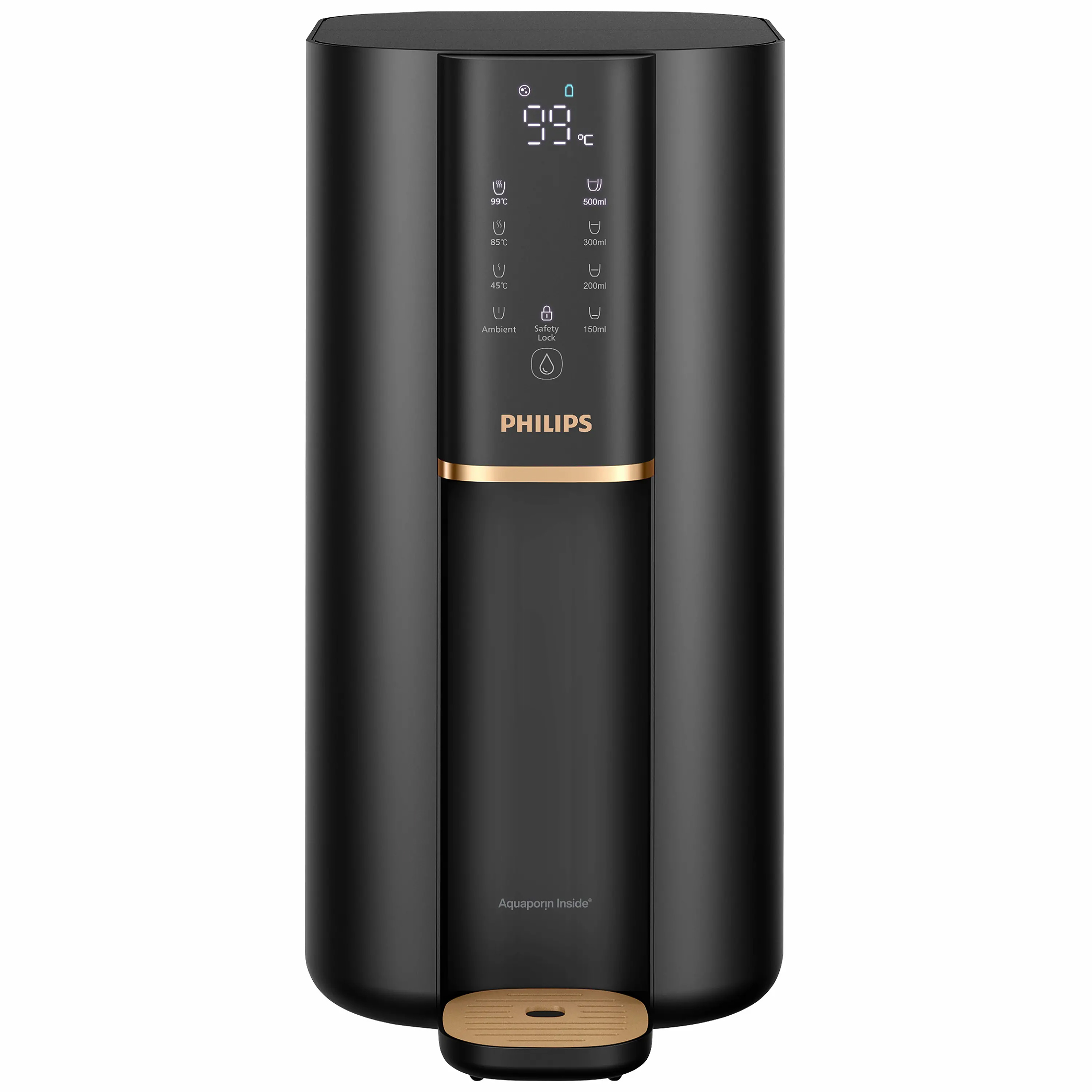 Dystrybutor wody Philips ADD6901HBK/10 widoczny z przodu na białym tle. Czarna, matowa obudowa posiada panel dotykowy z wyświetlaczem temperatury 99 stopni Celsjusza oraz przyciskami wyboru objętości wody. Urządzenie wyróżnia się złotym paskiem dekoracyjnym oraz złotą tacką ociekową u podstawy.