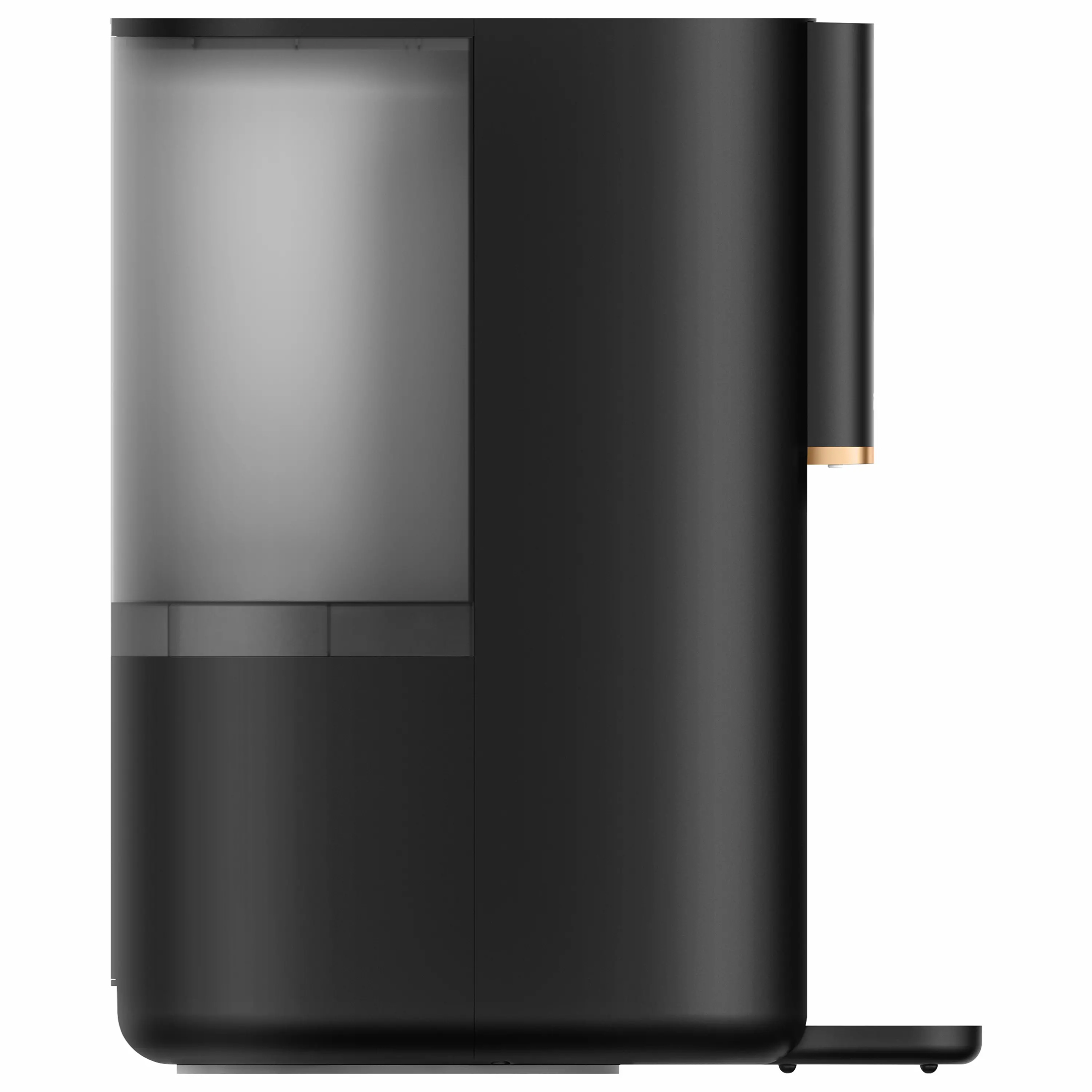 Dystrybutor wody Philips ADD6901HBK/10 ukazany z boku na białym tle. Zdjęcie przedstawia matową, czarną konstrukcję z dużym, półprzezroczystym zbiornikiem na wodę w tylnej części. Z przodu widoczny jest złoty akcent dekoracyjny oraz podstawa tacki ociekowej.