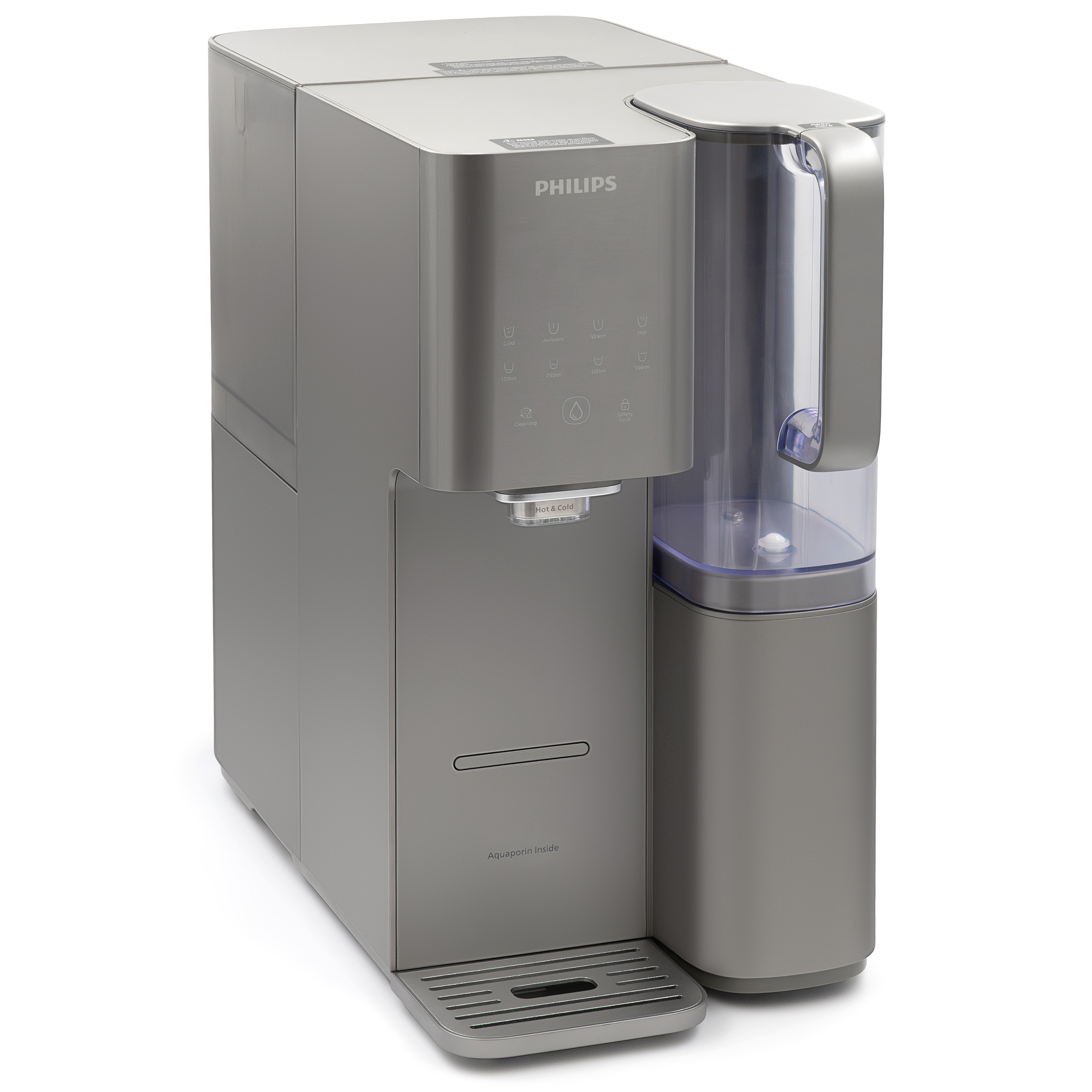 Dystrybutor wody Philips ADD6921DG/10 w kolorze grafitowym z przezroczystym modułem zbiornika. Widoczny górny panel sterowania z podświetlanymi ikonami oraz wylewka wody z tacką ociekową.